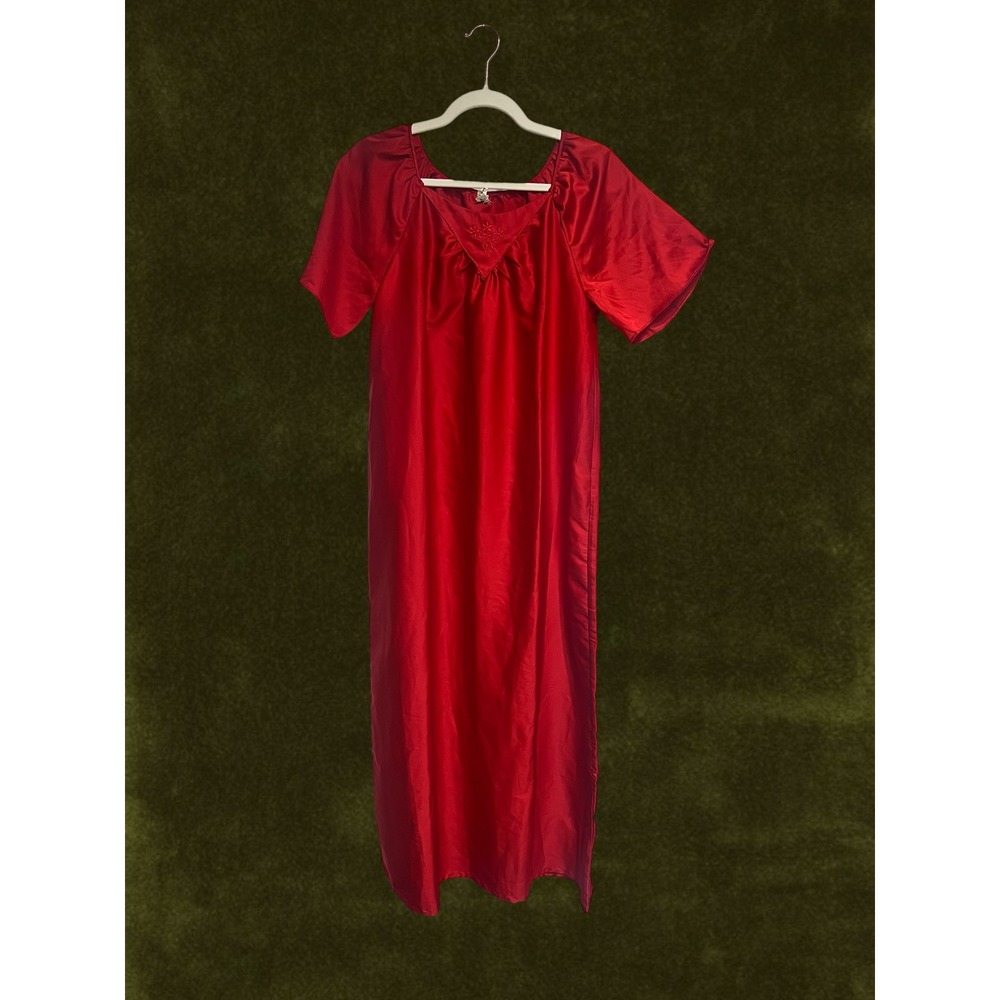 VTG 80s 90s Red Satin Maxi Slip Nightgown Embroidered Square Neck Short Sleeve